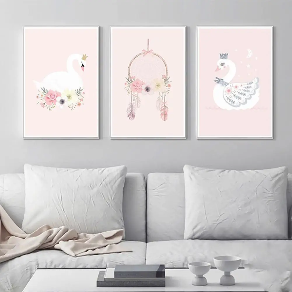 

1Pcs Nordic Kids Room Wall Decor Swan Flower Canvas Painting Art Unframed Picture