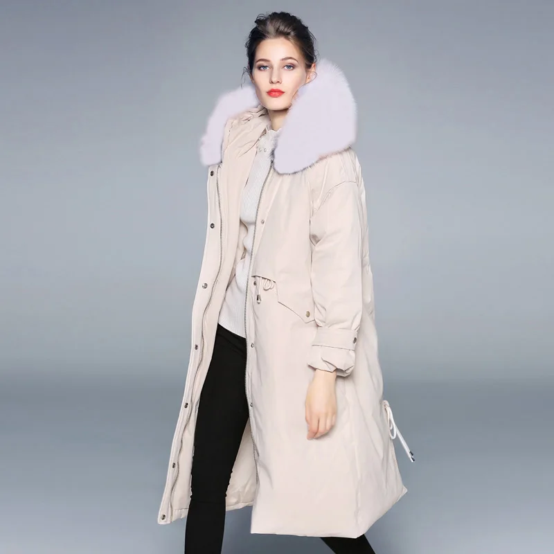 Большой воротник из натурального меха енота,, женский длинный пуховик, зимняя куртка, пальто, женская белая куртка-пуховик, свободное теплое пальто с капюшоном