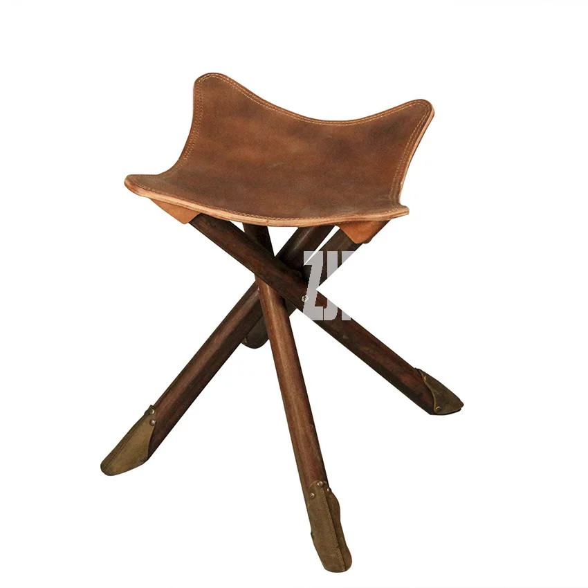 Handmade Retro Portable Foldable Fishing Wooden Chair Cowhide 100% Genuine Leather Wood Rectangle Beach Outdoor Stool | Мебель