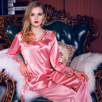 Women Satin Silk Pajamas Red Purple V-neck Pyjama Sets Lace Embroidery Imitation Silk Pijamas Luxury Sleepwear Twinset red lace details v neck lingerie sets