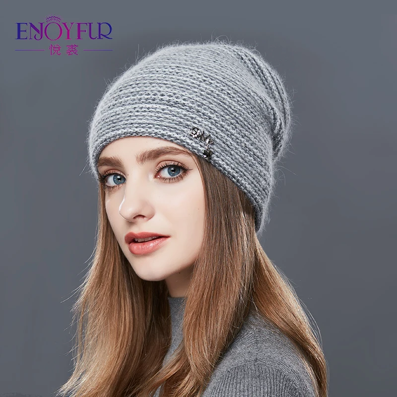 Goedkoop ENJOYFUR Konijn Kasjmier Gebreide Muts Vrouwen Gemengde Kleur Dikke Vrouwelijke Skullies Mutsen Warm Zwaartekracht Valt Cap vrouwen Hoeden