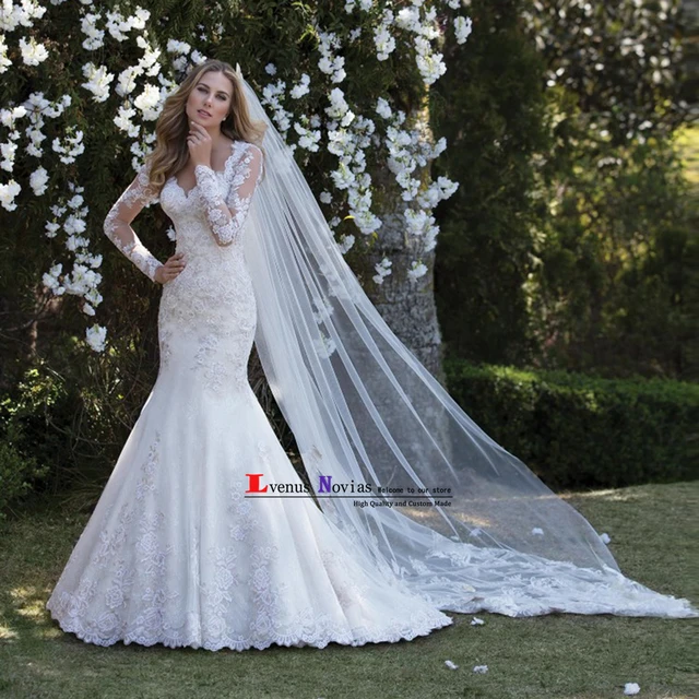 vestido novia bohemio romantic pearls lace long sleeves wedding