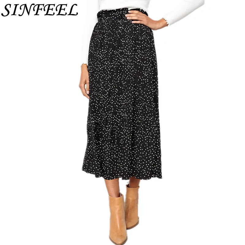 Summer White Dot Floral Print Midi Skirt Women Elastic High Waist Pockets Black Chiffon Skirts Spring 2019 Elegant Female Bottom