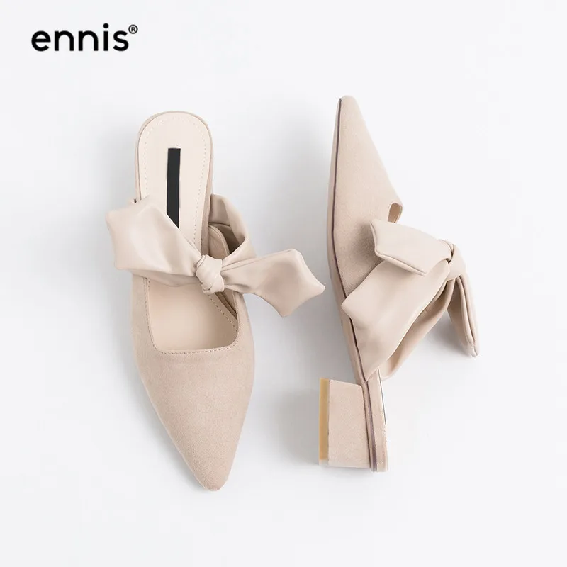 

ENNIS 2019 Designer Pumps Low Heels Ladies Pointed Toe Slippers Suede Leather Women Mules Bowtie Casual Shoes Spring Summer P935