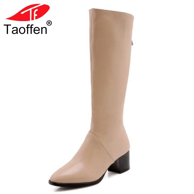 

TAOFFEN Plus Size 34-50 Sexy Ladies High Heels Knee High Boots Winter Warm Shoes Woman Concise Zipper Square Toe Long Boots