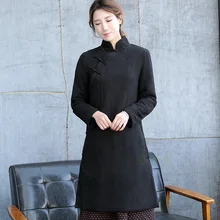 Осенне зимняя теплая куртка, китайская женская одежда Tang, черная винтажная верхняя одежда на пуговицах ручной работы, плотное пальто, Размеры s m l xl XXL