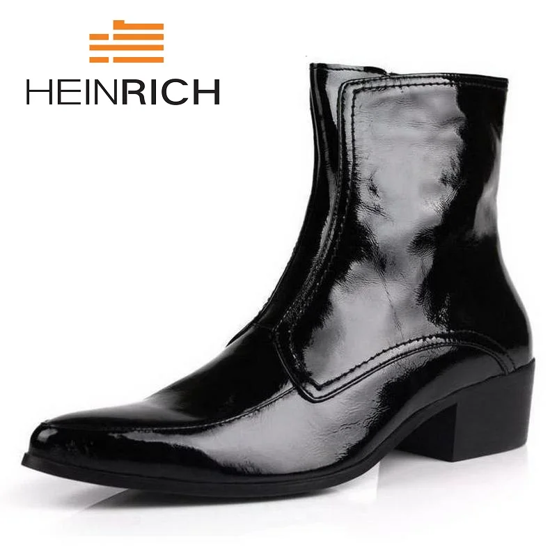 

HEINRICH Autumn Winter New Mens Genuine Leather Boots High Heels Fashion Pointed Toe Zip Ankle Boots High Top Black Shoes