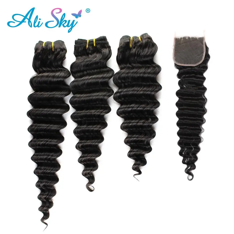 Али Sky волос глубокий волна перуанской пучки волос плетение с закрытием двойной уток человеческих волос 3 Связки с закрытием NonRemy без узла