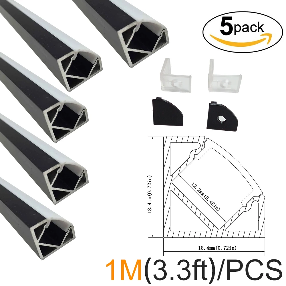 

5M/lot 5pcsx1M(3.3ft) Black V-Shape White Diffuser Cover Corner mounting LED Aluminum Channel for LED Strip Light Installations