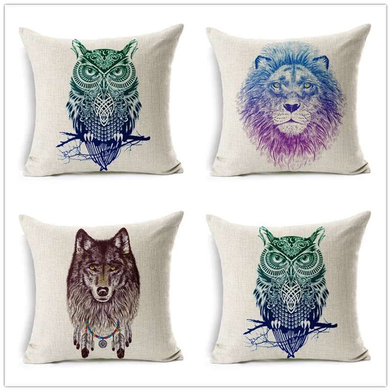 Pillowcase Owl Lion Wolf Animal Cotton Linen Cushion Covers Home Decorative Pillows Bedroom Euro Pillow Cover Free Shipping