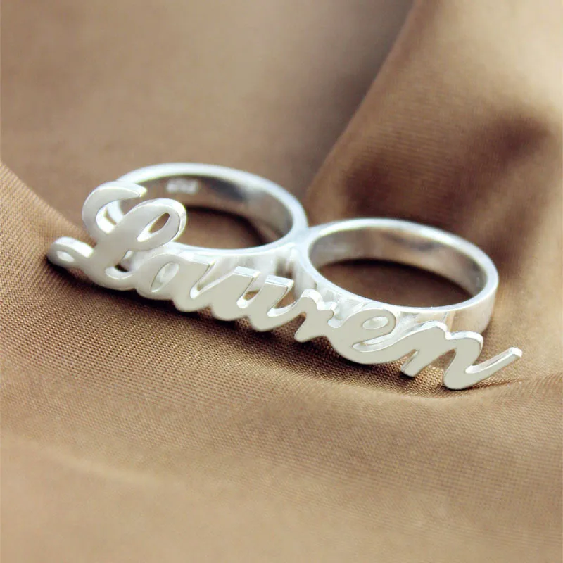 

Hot Customized Silver Engraving Personalized Allegro Two Finger Name Ring Mother's Engraved Two Names Ring