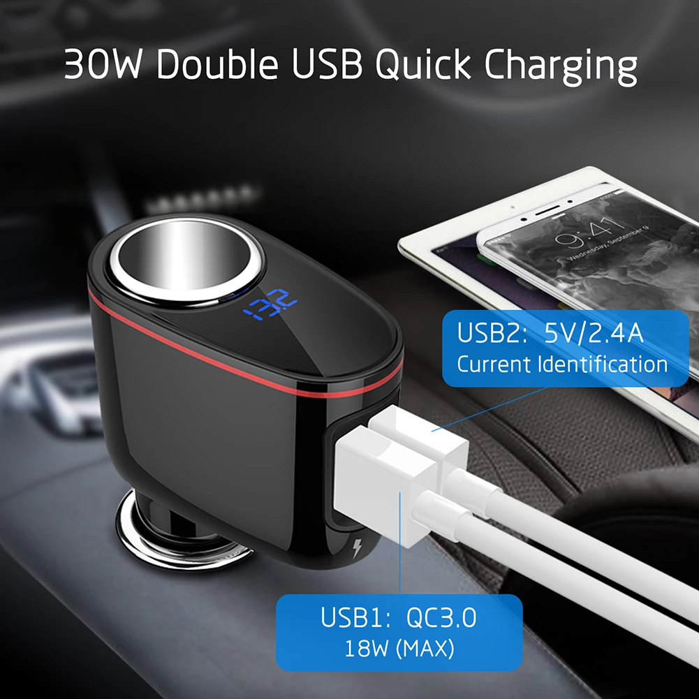 QC3.0 Быстрая зарядка двойной USB порт автомобильное зарядное устройство прикуриватель адаптер