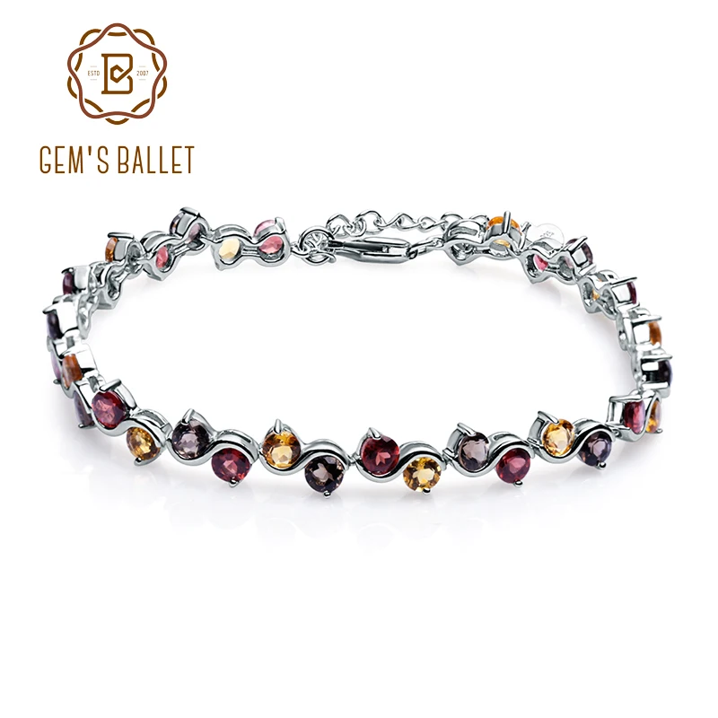 

GEM'S BALLET Natural Garnet Citrine Smoky Quartz Link Bracelet 925 Sterling Silver Gemstone Bracelet For Women Fine Jewelry