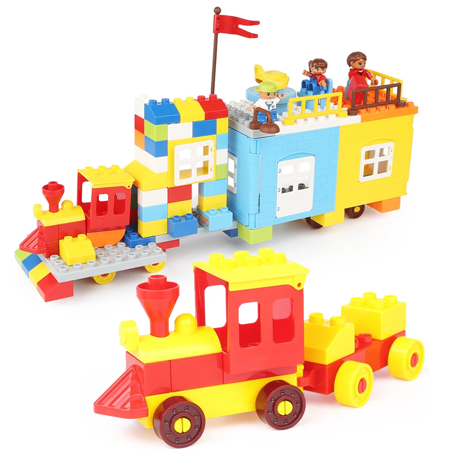 216PCS DIY Train House Village Windmill Building Blocks Compatible Legoed Duplo City Figures Big Size Brick Toys For Children