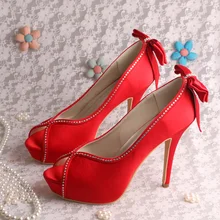 Wedopus Высокий Каблук Красный Peep Toe Свадебные Туфли для Женщин Платформы с Луками