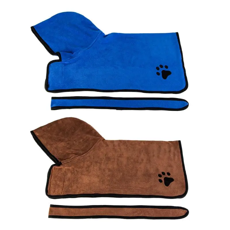 Pet Dog Drying Bath Towel Absorbent Shower Hooded Bathrobe with Waist Belt Embroidery Paw Cat