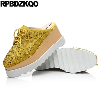 

Women Shoes 2018 Spring Yellow Large Size Wedge Platform Tie Up Lace Crystal Sandals Diamond Suede Pumps High Heels Mules Slides