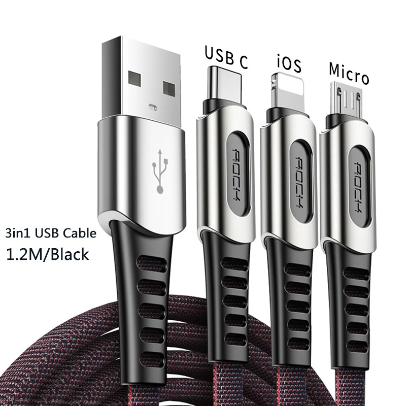 ROCK 3в1 USB кабель для iPhone XS MAX XR X 8 7 6 кабель Micro usb type C кабель для samsung S10 S9 Быстрая зарядка 3.6A шнур зарядного устройства - Цвет: Black for 3 in 1