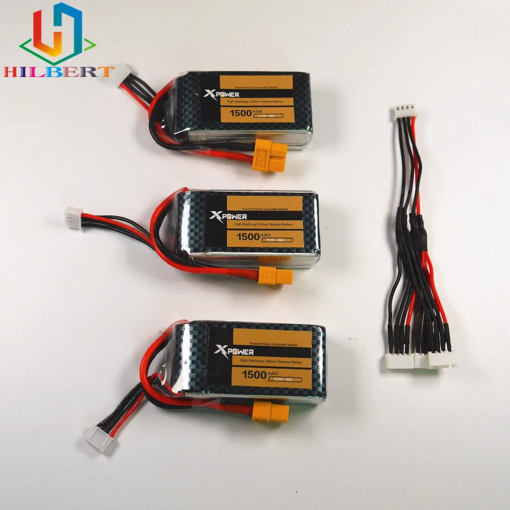 

3pcs Xpower LiPo Battery 11.1V 1500Mah 3S 40C MAX 60C XT60 Plug and 3in1 cable For RC Car Airplane WLtoys V950 Helicopter