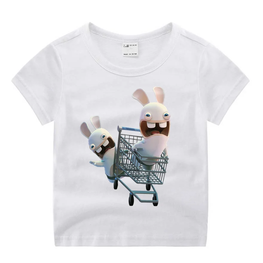 Одежда для маленьких мальчиков; футболка с забавным принтом из мультфильма «рейвинг-кролик»; детские летние топы с круглым вырезом; футболка для мальчиков и девочек; одежда для малышей