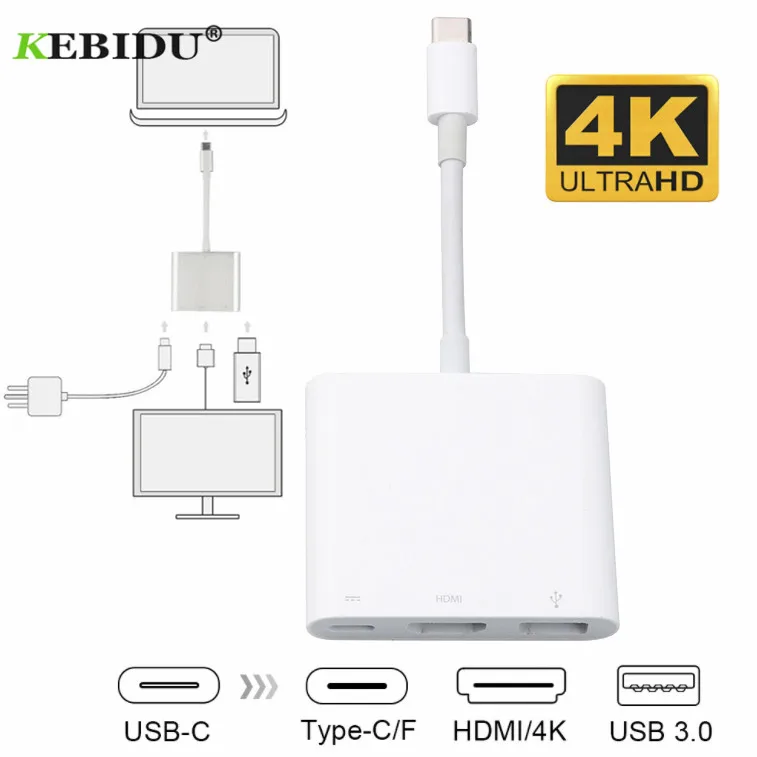 

Kebidu Type-C Female Adapter Usb Type-C Hub Adapter 3-in-1 USB C hub to HDMI USB3.0 with Charging Converter
