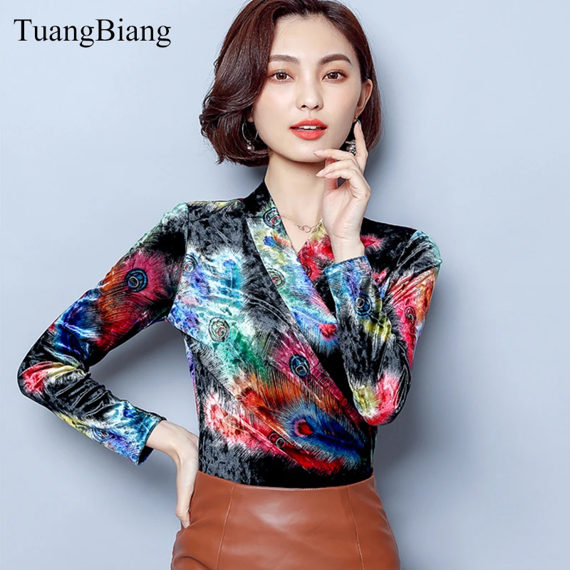 

Autumn 2018 Female Print Velour Bottom Soft Shirts Women Elegant Sexy Deep V Neck Spliced Blouse Pleated Long Sleeve Flower Tops