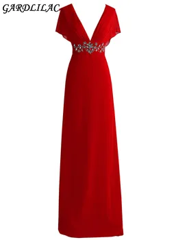 

Chiffon V-neck Red Long Evening Dress Bead Sleeveless Simple Evening Dress Real Photo Vestidos para festa