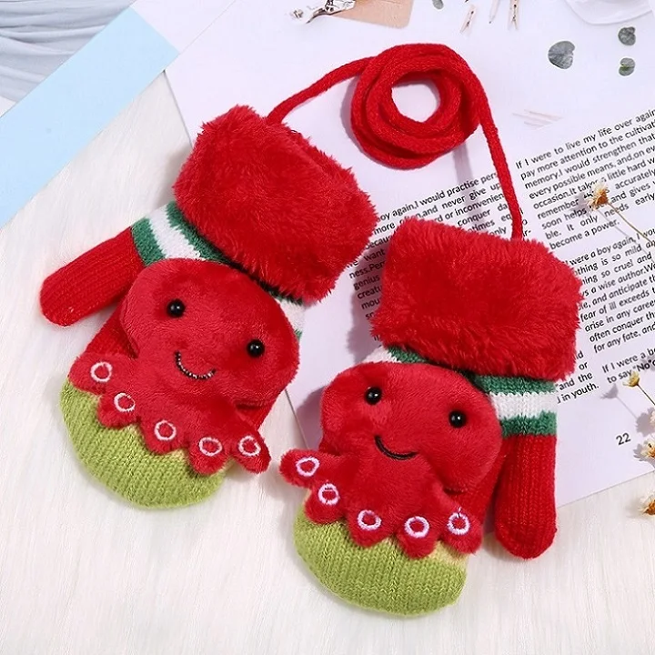 red octopus Зимние теплые детские перчатки, детские вязаные эластичные варежки, Детские однотонные перчатки для девочек, перчатки на полный палец, Вязаные Случайные перчатки для мальчиков - Цвет: red octopus