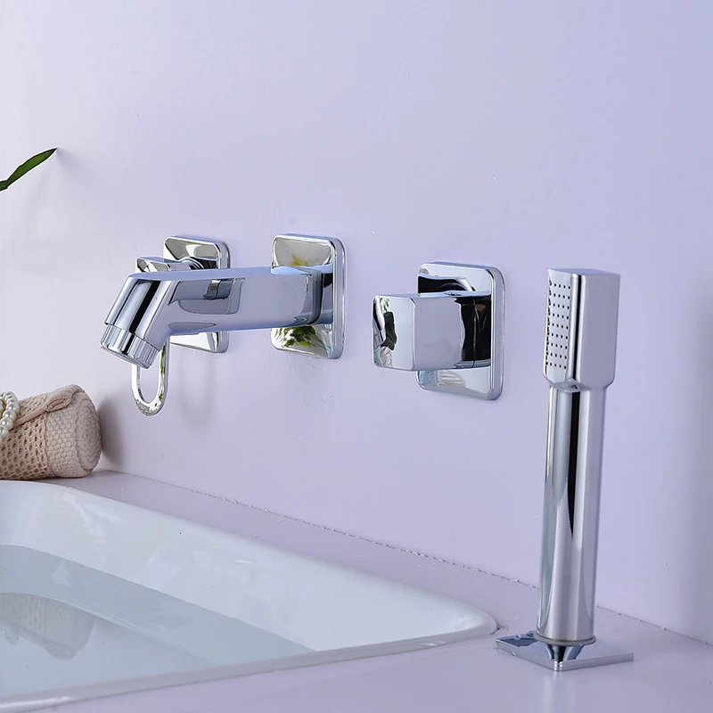 Günstig 4Pcs Badezimmer Badewanne Wasserhahn Becken Wasserhahn Deck Wand Montiert Handheld Badewanne Mischbatterie Kalt Heiß Mixer Wasserhahn mit Hand Dusche