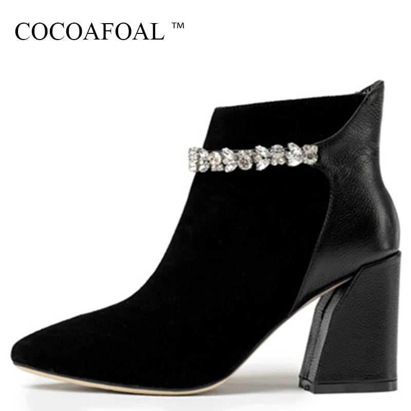 

COCOAFOAL Women's Black Crystal Ankle Boots Autumn Winter Chelsea Boots Plus Size Genuine Leather High Heeled Martin Boots 2018