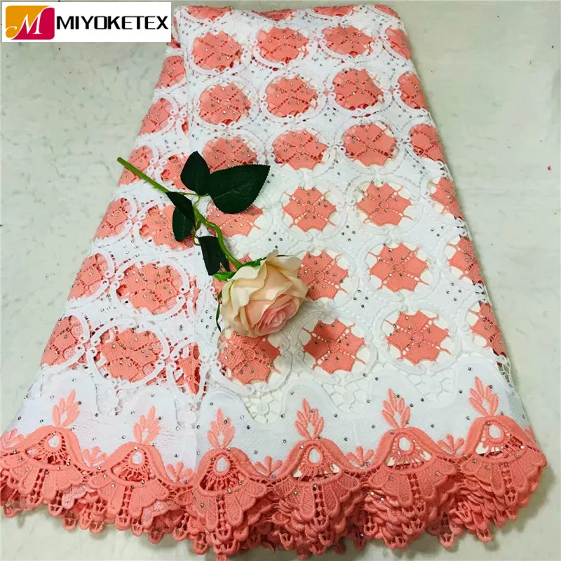 Embroidered African Guipure Cord Lace Material With Stones Latest Milk