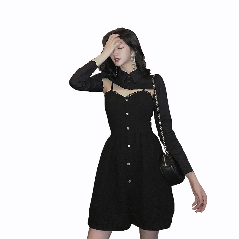 

Women Sets Black Two Piece Vintage Short Shirt Sexy Single Breasted Spaghetti Dress Chic Fashion Set Outfits Summer