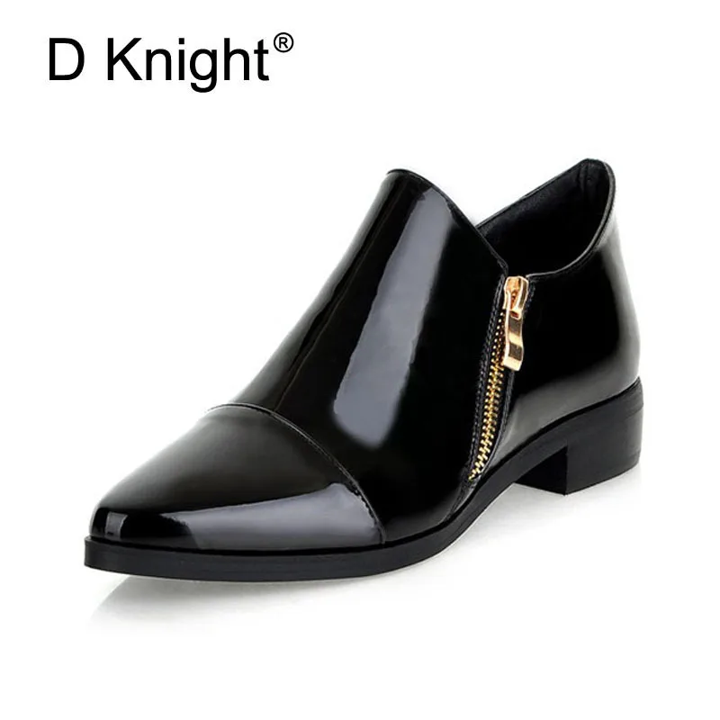 Fashion Patent Leather Pointed Toe Women Casual Flats Ladies Patchwork Side Zipper Flat Oxford Shoes New England Style Oxfords