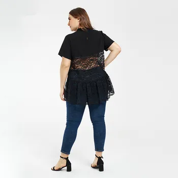 

Women's Shirt Lace Blouse Large Size Loose O-neck Tops Fat MM Solid Color Casual Hollow out perspective clothes