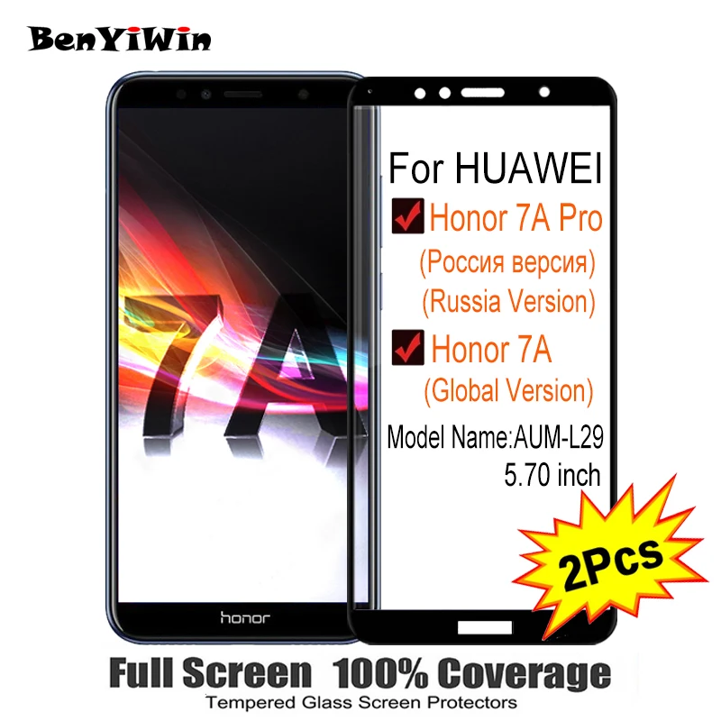 

2PCS Full Cover Screen Protector Tempered Glass For Huawei Honor 7A Pro AUM L29 5.70" 9H Protective glass For 7a Pro Film Case