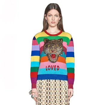 

2019 Winter Sequins Tiger Sweaters Women Rainbow Color Striped Pullovers Slim Fit Fashion Streetwear Pull Jumper Femme Clothing