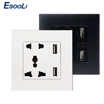 

Esooli Smart Home Plastic Panel Manufacturer Wall USB Socket Universal 5 Hole Socket Power Outlet With Double USB