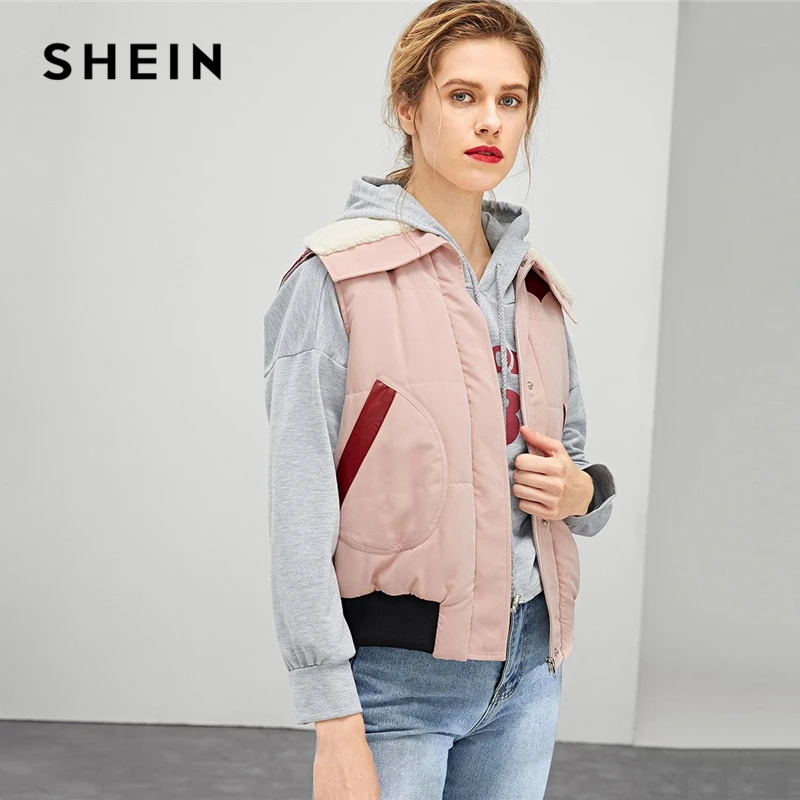 SHEIN Pink Autumn Jackets And Coats Women Casual Sleeveless Outerwear 2018 Clothing Fashion