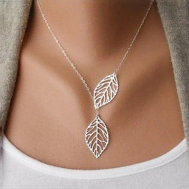 Minimalism Double Hollow Leaves Pendant Necklaces Temperament Punk Clavicle Chain Necklace Women Jewelry Gift Wholesale NB607