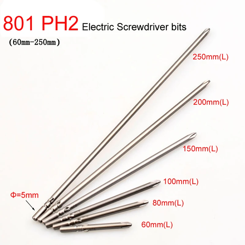 

6pcs/lot 801 5mm Round Shank Magnetic Phillips Cross Electric PH2 Screwdriver bits 60mm 80mm 100mm 150mm 200mm 250mm length