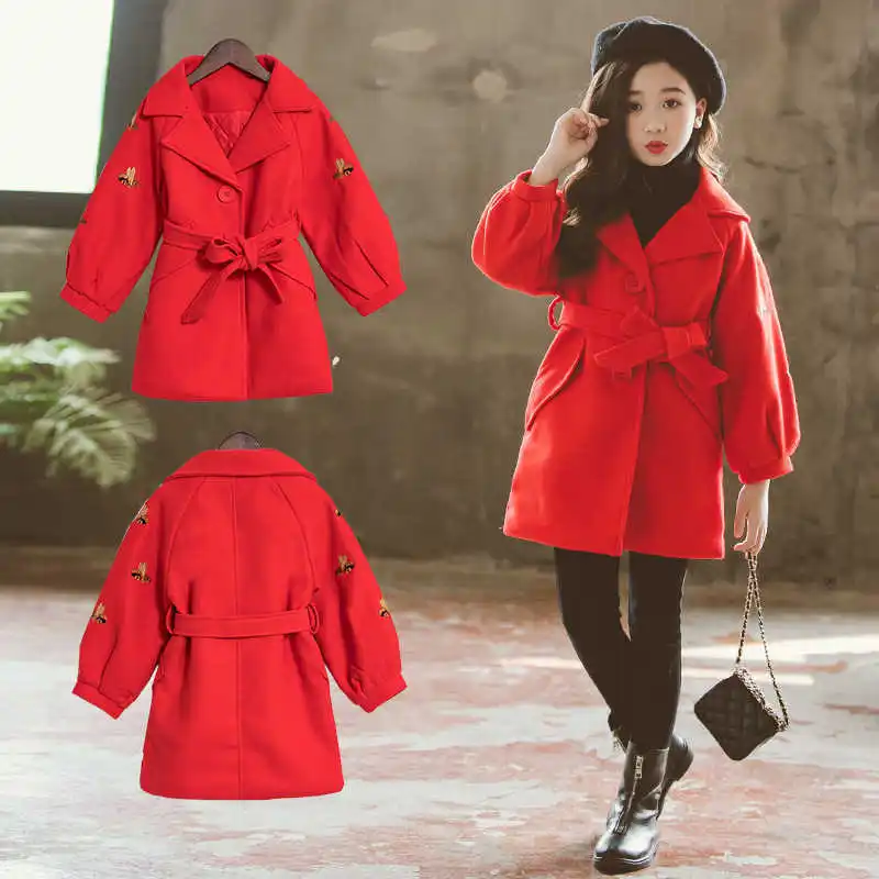 Модная детская куртка зимнее однобортное Детское пальто с отложным воротником и длинными рукавами для девочек одежда с галстуком на талии - Цвет: Red
