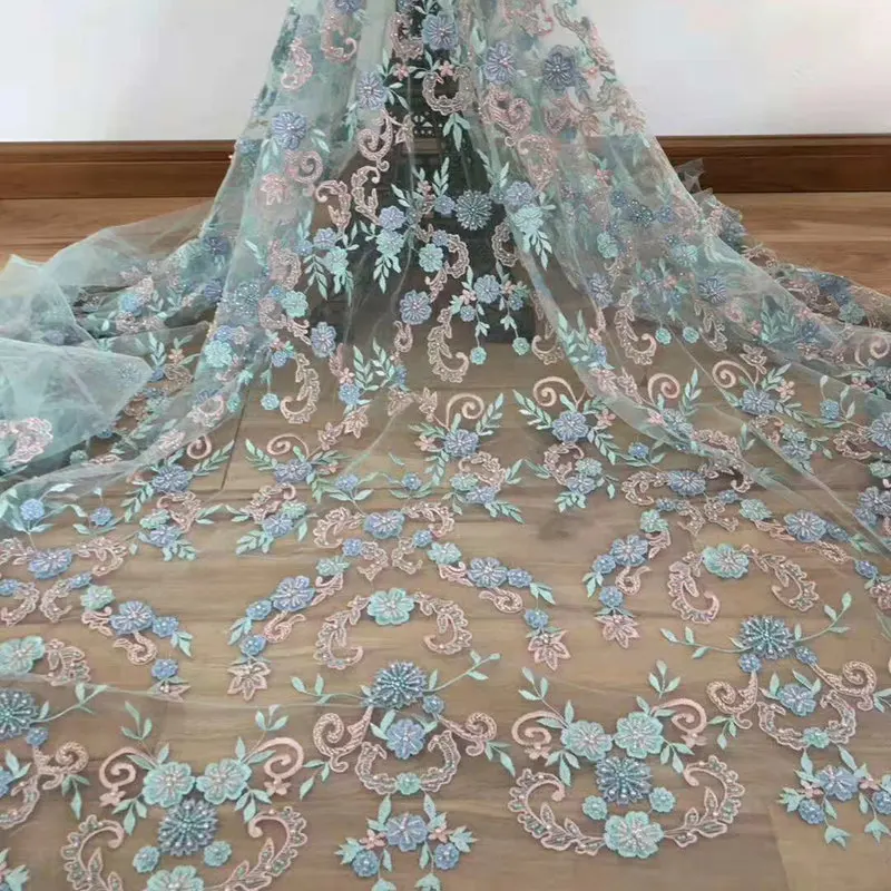 

Handmade French Lace Fabric High Quality Beading African Tulle Lace Nigerian Lace Fabric for wedding 5 yards/lot QG619