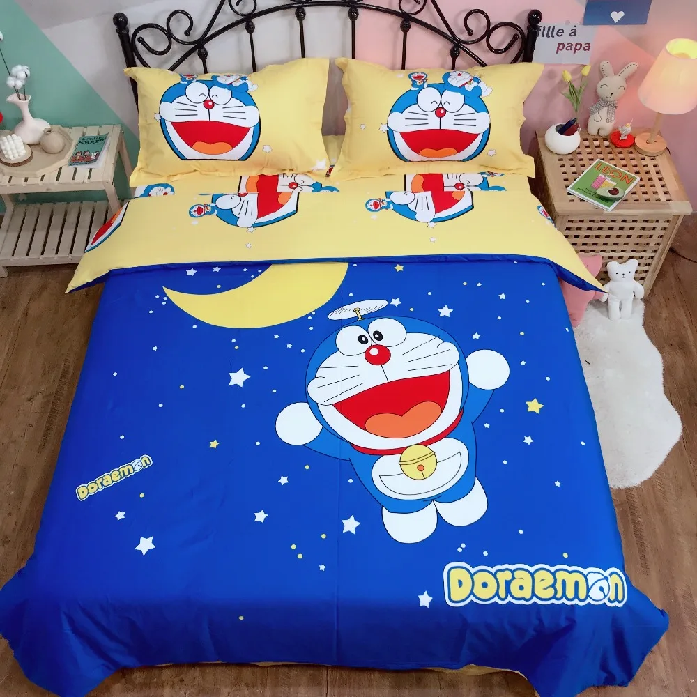 Комплект постельного белья с героями мультфильмов Doraemon, детская спальня, чистое хлопковое стеганное одеяло, двойной королева, король, милое пуховое одеяло, простыня, Синий Постельное белье