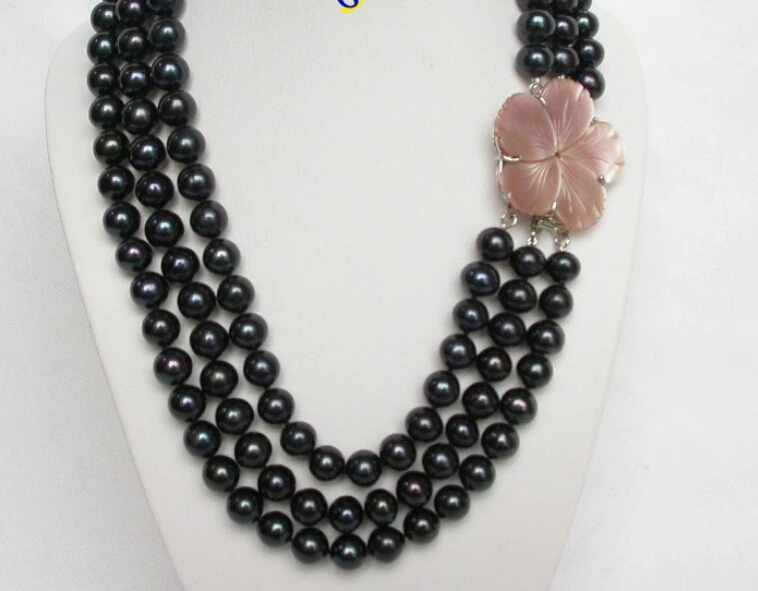 

FREE shipping>>>>Genuine 3row 10mm 17" black freshwater pearls necklace j6844 new