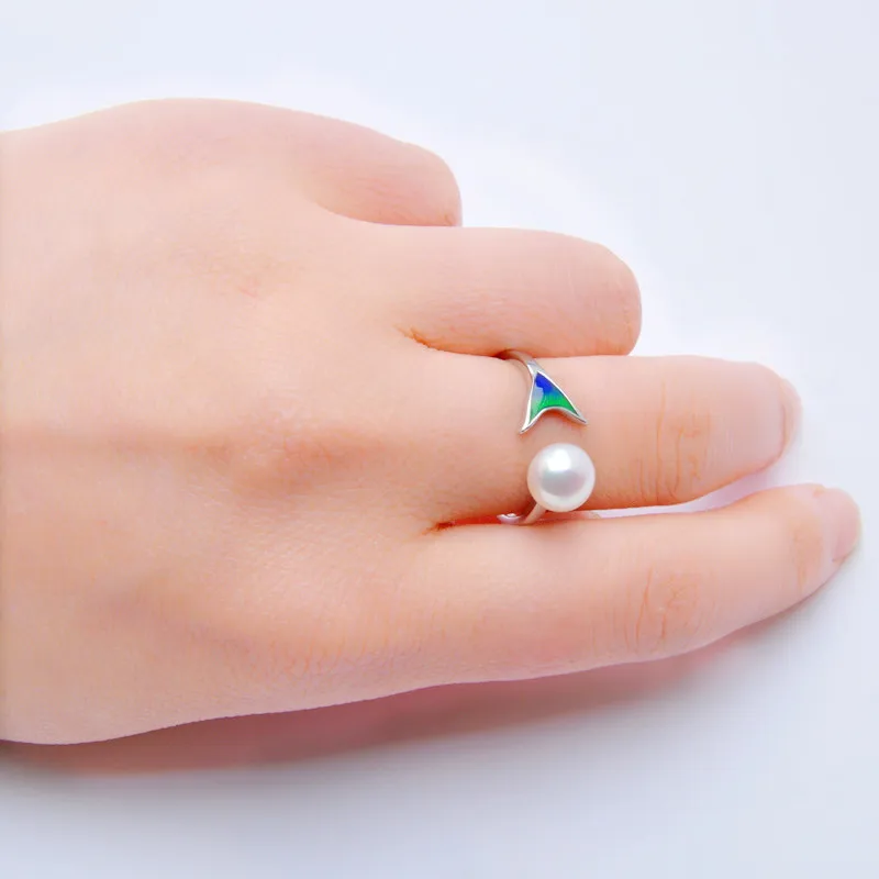 ASHIQI эмаль Русалка 925 пробы Серебряное кольцо 7-8 мм натуральный пресноводный жемчуг ювелирные изделия для женщин Открытый палец ювелирные изделия