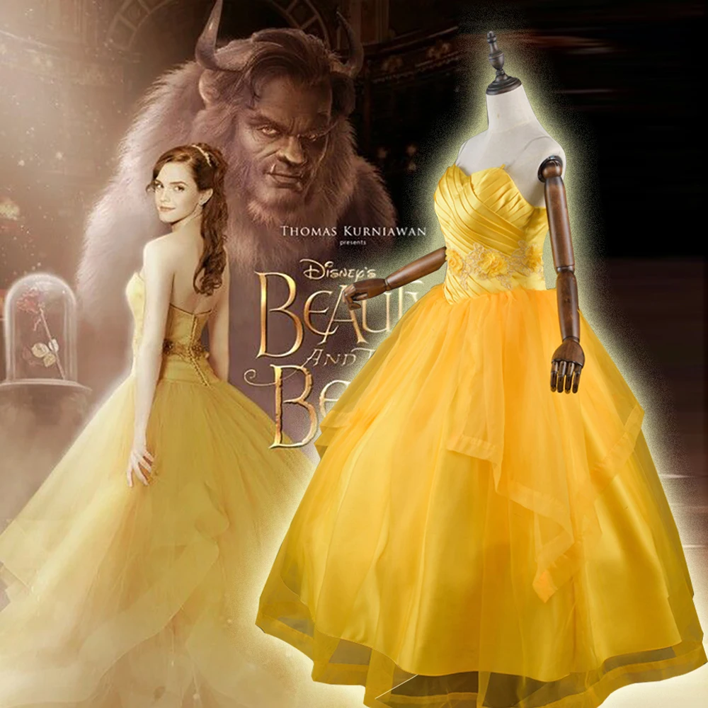 Beauty and the Beast Princess Belle Costume 2017 New Emma Watson Version Golden Dress Halloween Costumes for Women Custom Made