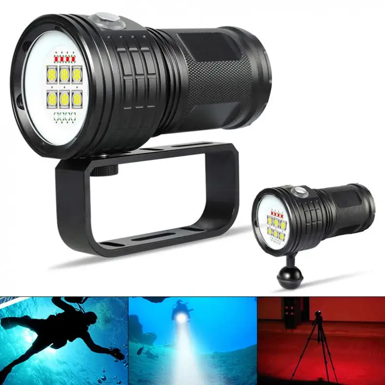 

Flashlight Torch QH14-7 300W Six 9090 White XML2 Four XPE Red R5 Four XPE Blue R5 LED Underwater 80m for Diving Photography Vide
