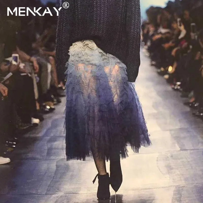 

[MENKAY] Casual Mesh High Waist Midi Women Skirt A Line Gradient Korean Tassel Summer Skirt Sexy Beach Female Skirts 2019