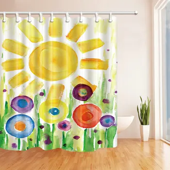 

Personality doodle watercolor colorful sun grass flower shower curtain multi-function waterproof antibacterial Polyester