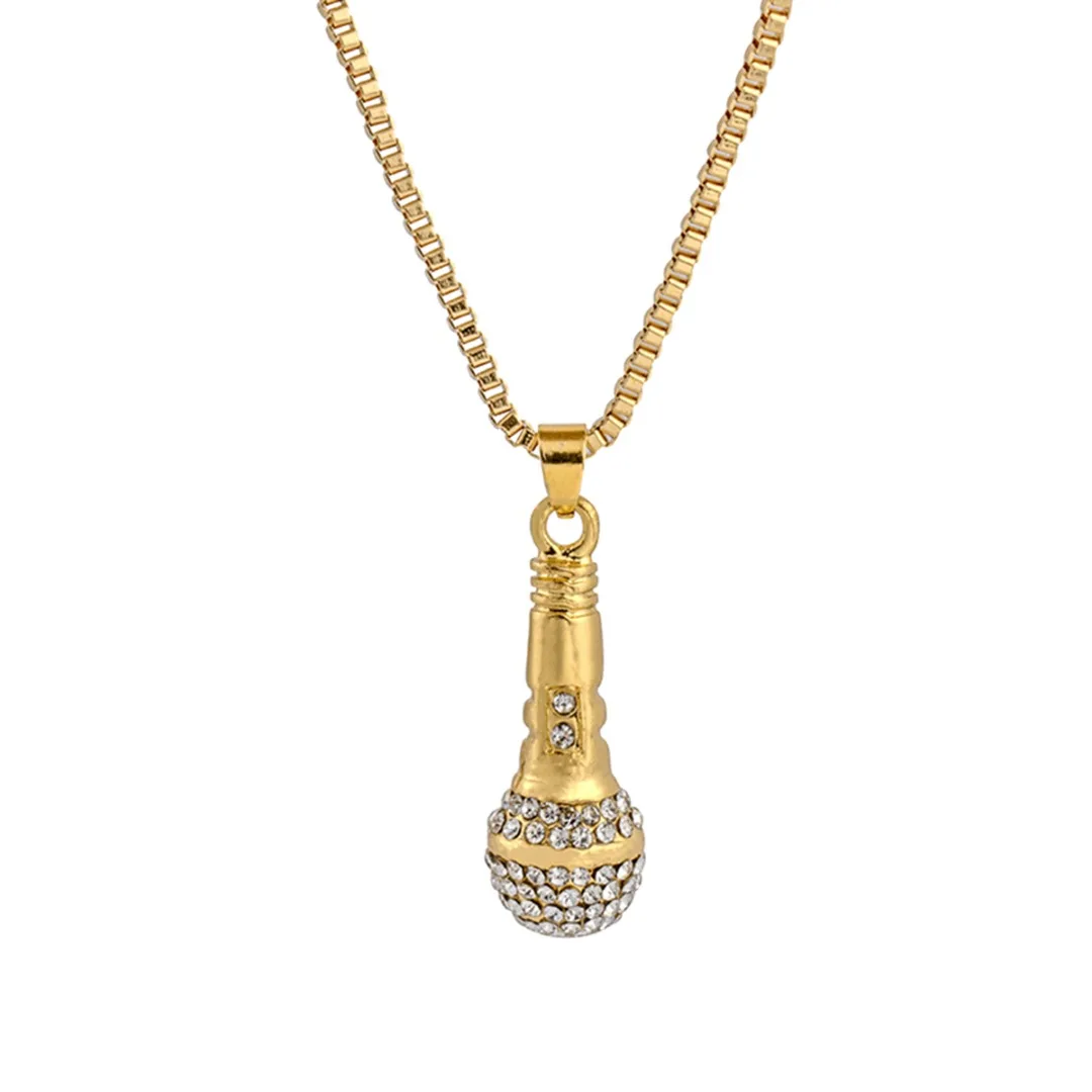 HIP Hop Gold Color Chain Necklace Shellhard Women Men Ice Out Microphone Pendant Necklace Charming Punk Jewelry